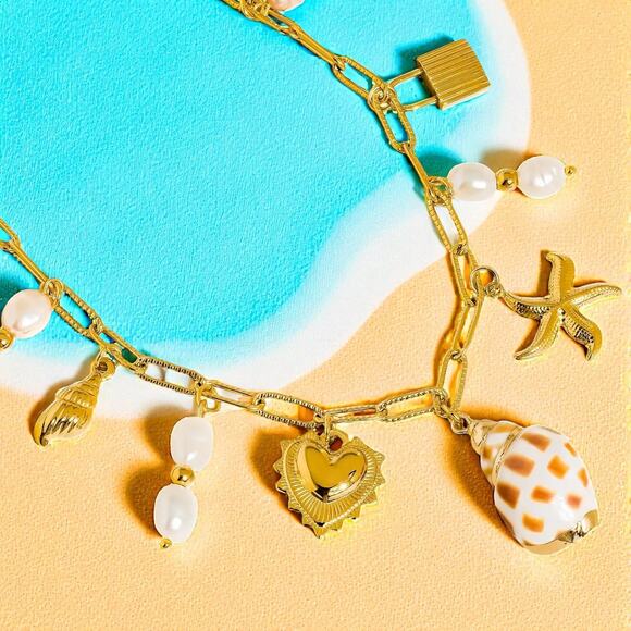 Gold Shell & Pearl Charm Necklace-Starfish, Heart & Lock Accents - Picture 2 of 7
